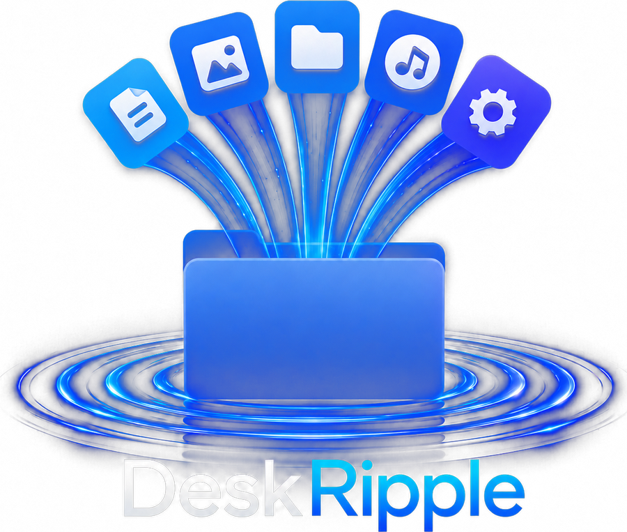 DeskRipple logo — a desktop folder fanning out into app shortcuts above stylized ripples, with the DeskRipple wordmark.