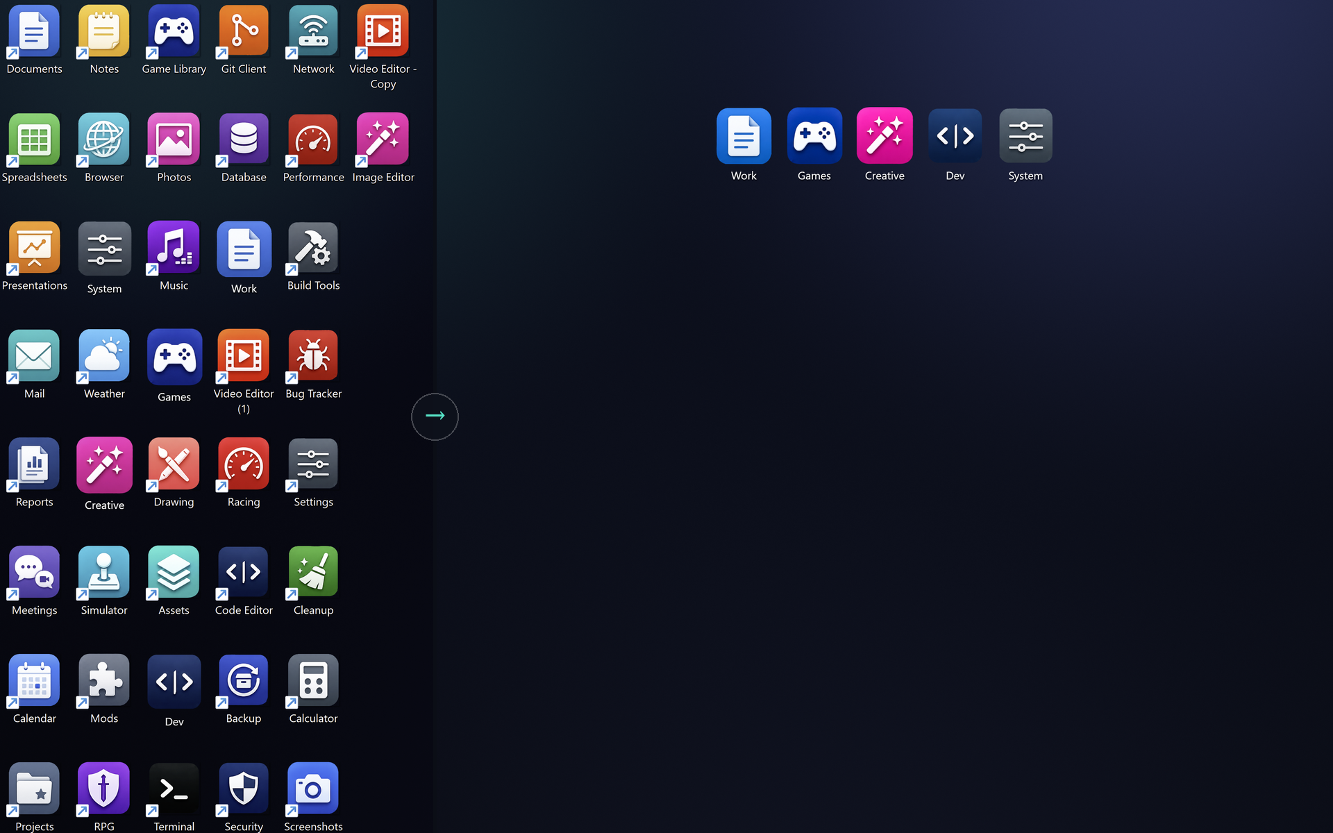 Before and after: a desktop cluttered with dozens of loose shortcut icons, then the same desktop reduced to five tidy DeskRipple folder docks