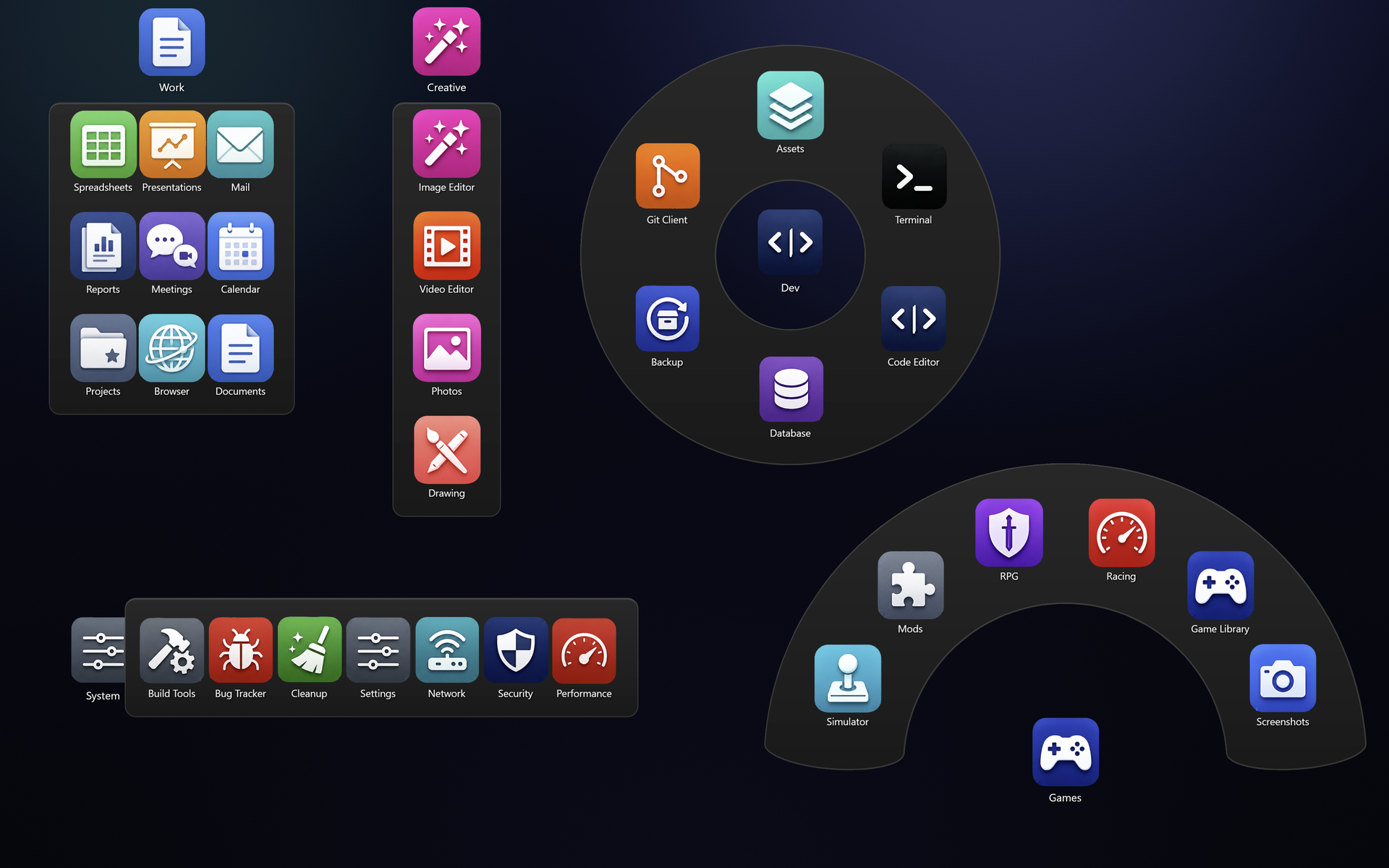 Five DeskRipple folders open at once on one desktop, one per expand style: Grid, Column, Ring, Row, and Fan