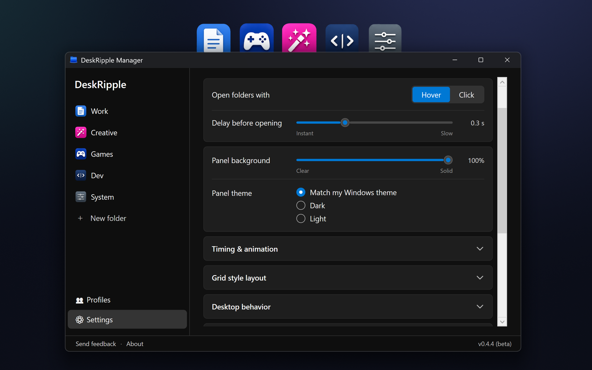 The DeskRipple Manager's Settings panel, with the folder list down the left side and controls for opening on hover or click, the open delay, panel background, and panel theme